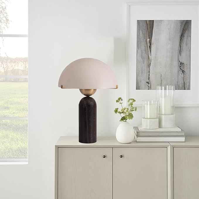 Modern Dome Shaped Table Lamp Mid-Century Accent Lamp Black Marble Desk Lamp Contemporary Living Room Side Lamps Bedroom Bedside Nightstand Light with Frosted Glass Shade
