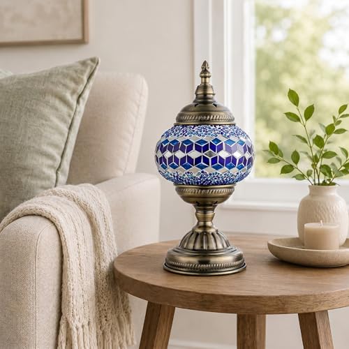 Turkish Moroccan Table Lamp Lantern with Handmade Mosaic Glass Lampshade Tiffany Style Bohemian Stained Glass Decorative Desk Lamps Bedside Night Lights for Bedroom
