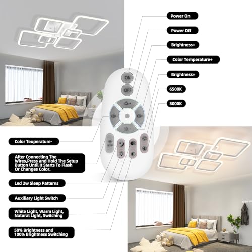 Modern LED Ceiling Lights for Bedroom 36.2'' Dimmable Square 6+1 Rings Ceiling Lights for Living Room with Remote Control 130W for Kitchen