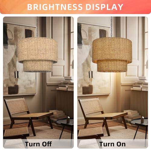 Large Rattan Chandelier Natural Woven Double Drum Pendant Light Vintage Ceiling Hanging Light Fixture for Kitchen Island Bedroom Hallway 23.62"