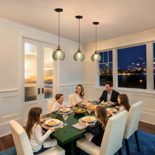 Vintage Green Ribbed Glass Pendant Lights for Kitchen Island 3 Pack (3 inch(es))