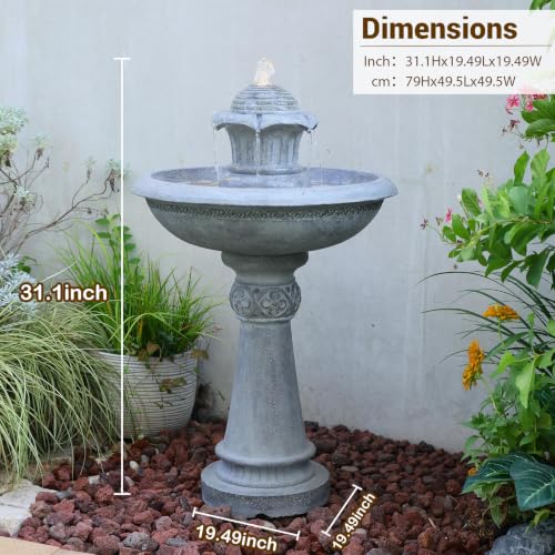 39.1H 2 Tier Outdoor Water Fountain with LED Lights Large Italian Resin Garden Fountain for Patio Yard Cascading Waterfall Feature with Quiet Pump Gray