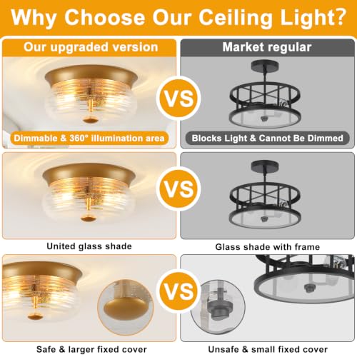 Gold Flush Mount Ceiling Light Fixtures (Gold + Clear Air Bubble Glass(No Assembly Required))
