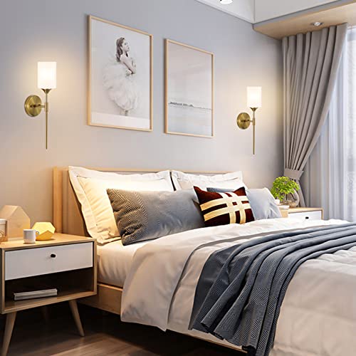 Gold Wall Sconce Set of 2 with White Cylinder Glass Shades Modern Mid Century Bathroom Vanity Wall Light Fixtures Industrial Brushed Brass Wall Lamp for Bedroom Mirror Living Room Restaurant (2 Count)