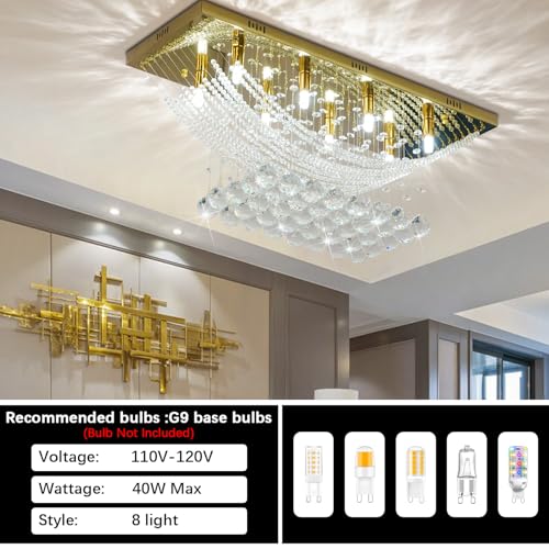 Modern Chandelier Crystal Chandelier Flush Mount Chandelier Gold Rectangle Crystal Raindrop Chandelier 8 Lights Ceiling Light Fixture Pendant Lamp for Kitchen Island Dining Room Closet Wedding Decor