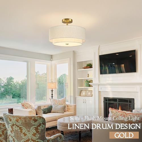 16 Inch 3 Light Semi Flush Mount Ceiling Light Fixture Modern 2 Pack Gold Drum Ceiling Light Fixture with 2 (2 Count)