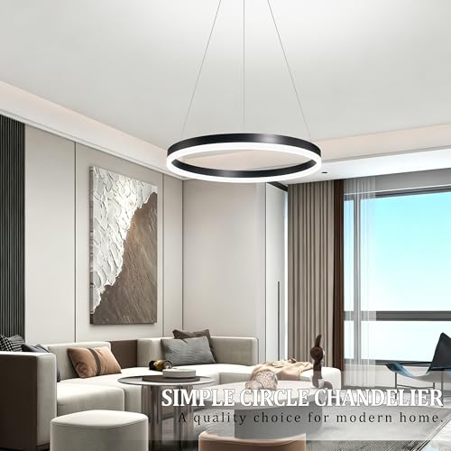 20" Modern Black Led Chandelier Ring Dimmable LED Chandeliers with Remote Control for Kitchen Island Height Adjustable Chandelier Led Pendant Light for Living Room Dining Room Bedroom Foyer