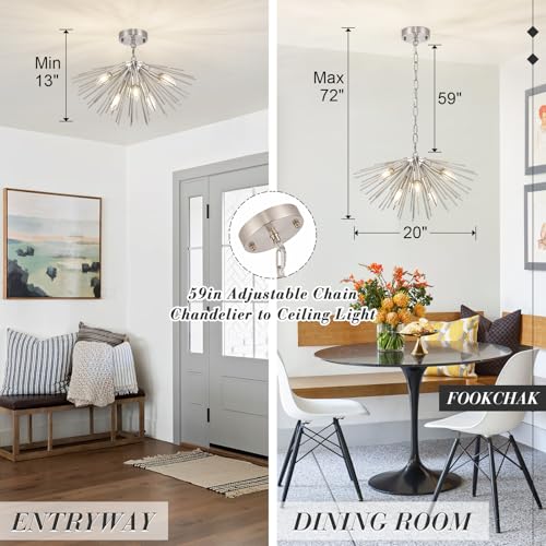 Nickel Sputnik Ceiling Light 6 Light Starburst Light Fixture Solid Metal