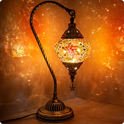 Turkish Moroccan Lamp with Bronze Base 3 Color Options Handmade Swan Neck Mosaic Glass Bedside Lamps for Bedroom