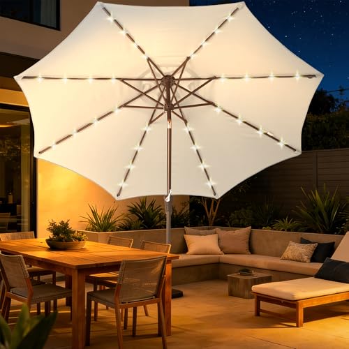 9 FT Patio Umbrella Outdoor patio deck umbrella with lights White