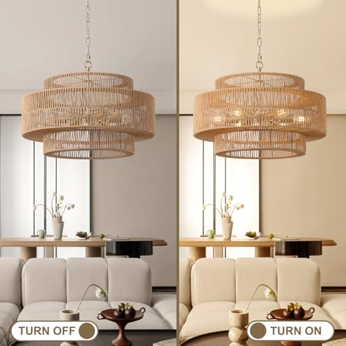 23.6"Large Boho Rattan Farmhouse Chandeliers for Dining Room