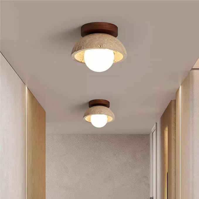 Wabi-Sabi Flush Mount Ceiling Light, Nordic Minimalist Travertine-Look Shade & Wood Base, Natural Globe LED Ceiling Lamp, Earthy Indoor Lighting for Bedroom, Hallway, Entryway Decor.