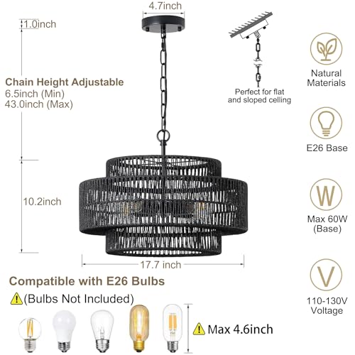 17.7" Black Large Boho Rattan Chandeliers for Dining Room