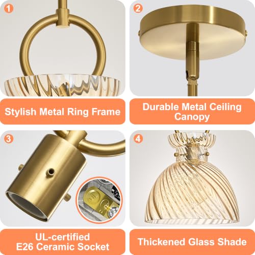 Gold Pendant Light Kitchen Island 9.84'' Striped Amber Glass Shade (2 Count)