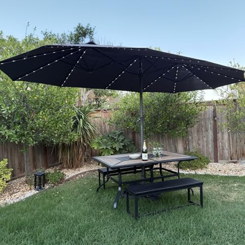 Patio Umbrella 14ft with Base and Solar Lights