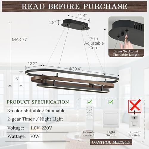 3 Ring LED Chandelier Modern Chandeliers Walnut Wood Black Dimmable 39''