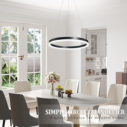 20" Modern Black Led Chandelier Ring Dimmable LED Chandeliers with Remote Control for Kitchen Island Height Adjustable Chandelier Led Pendant Light for Living Room Dining Room Bedroom Foyer
