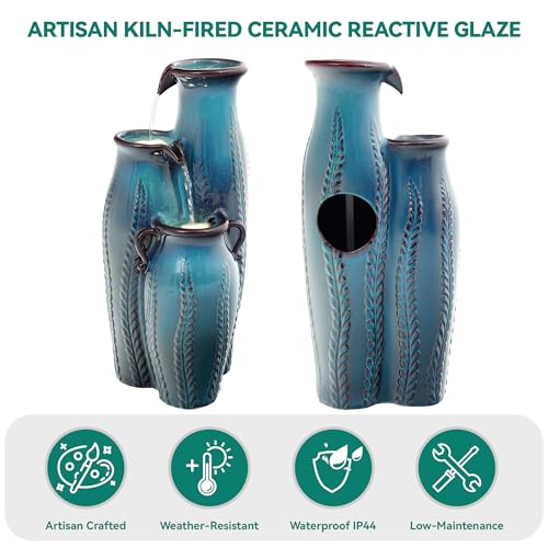 30" Ceramic Vase Water Fountain Outdoor with LED Lights
