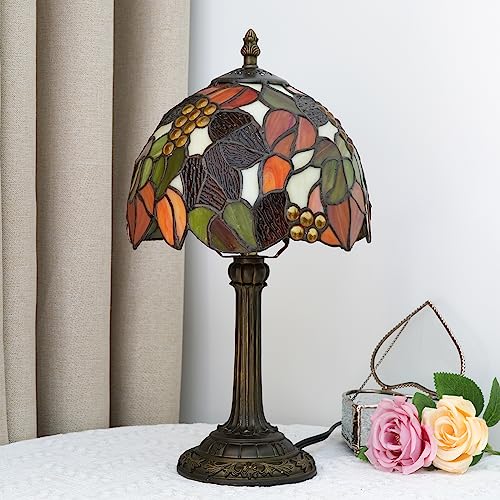Tiffany Stained Glass Table Lamp Orange Grape Bedroom Bedside Reading Desk Light for Office Dormitory Bar Decorate Retro Style Unique Cute Accent Decor Cottage 8" Village Nightstand Lamps