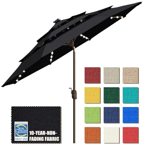 USA 10-Year-Non-Fading 9ft 3-Tier Market Patio Umbrella, Commercial Table Umbrella with 80 Solar LED Lights, Crank Open, Windproof & UPF 50+ UV Protection for Garden, Deck, Pool, Backyard, Black