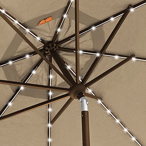 USA 10-Year-Non-Fading 9ft 3-Tier Market Patio Umbrella, Commercial Table Umbrella with 80 Solar LED Lights, Crank Open, Windproof & UPF 50+ UV Protection for Garden, Deck, Pool, Backyard, Heather Beige