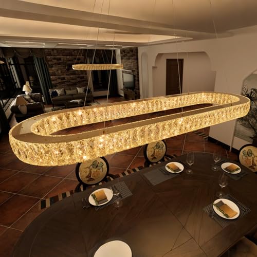 Modern Oval Crystal Chandelier for Dining Room Dimmable LED Chandeliers Rectangular Pendant Light Fixture with Remote for Living Room Kitchen Island Black