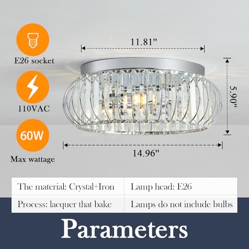 3 Light Flush Mount Ceiling Light Fixtures Modern Crystal Chandelier Chrome Chandelier for Hallway Bedroom Bathroom Foyer Entryway Laundry Room Kitchen