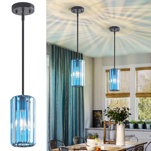Modern Crystal Pendant Light Mini Light Blue Chandeliers Adjustable Pendant Lights Fixture for Kitchen Island Dinning Room Corridor Bedroom (2 Count)