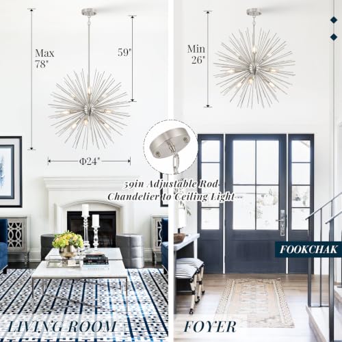 24in Nickel Sputnik Chandelier 9 Light Starburst Light Fixture Solid Metal
