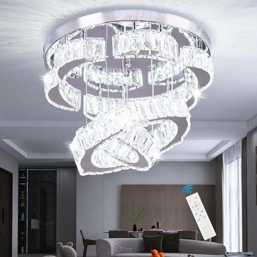 15.7" 2 Ring Flower Crystal Flush Mount Ceiling Light Dimmable remote