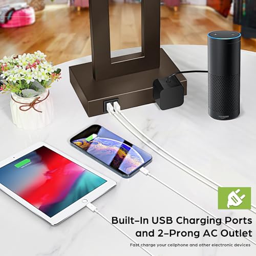 28" Brown Modern Table Lamp Set of 2 with 2 USB Ports&AC Outlet (2 Count)