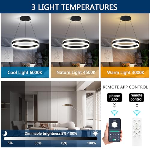 D15.7'' Modern Ring Chandelier for Dining Room LED Dimmable Pendant Lighting High Ceiling Chandelier for Living Room Foyer Bedroom Entryway 3000K
