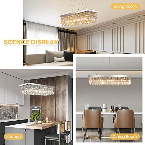 Rectangle K9 Crystal Chandelier Modern Rectangular Pendant Light Fixture for Dining Room Kitchen Island Chrome L40 x W10 x H10
