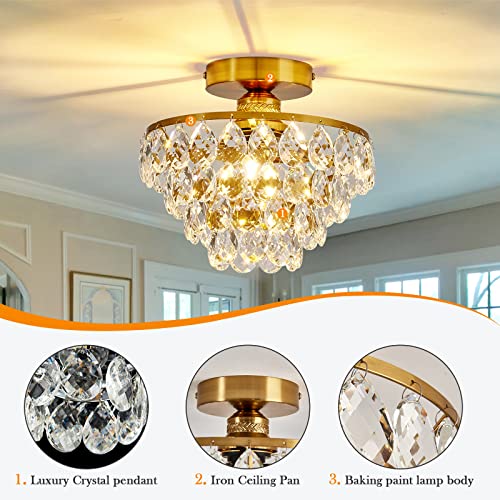 Modern E26 Small Crystal Chandelier Semi Flush Mount Ceiling Light Fixture Gold Ceiling Lamp for Hallway Bedroom Bathroom Closet Bedroom Foyer