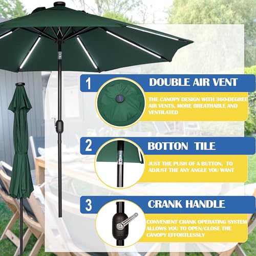9FT Patio Umbrella with Solar Lights 8 LED Lights Dark Green