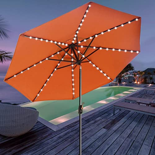 USA 10-Year-Non-Fading 9ft Market Patio Umbrella, Commercial Grade Table Sun Umbrella with 80 Solar LED Lights, Crank Open, Windproof & UPF 50+ UV Protection for Garden, Deck, Pool, Backyard, Rust