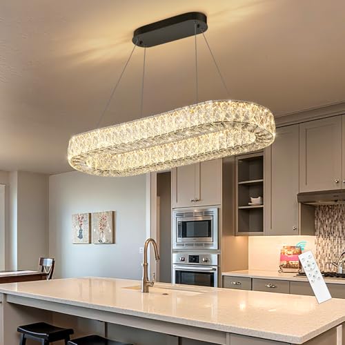 Modern Crystal LED Chandelier Dimmable Oval Chandeliers Rectangular Dining Room Light Fixture with Remote for Living Room Kitchen Island Silver