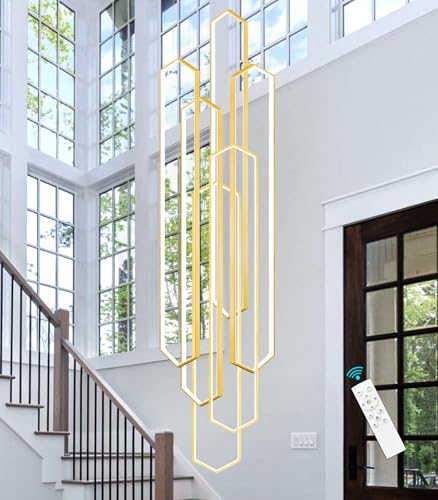 6 Rings Gold Modern Long Large Chandelier Dimmable LED High Ceiling Chandelier for Living Room Foyer Staircase Enterway Big Hanging Light Fixture Modern Ceiling Light