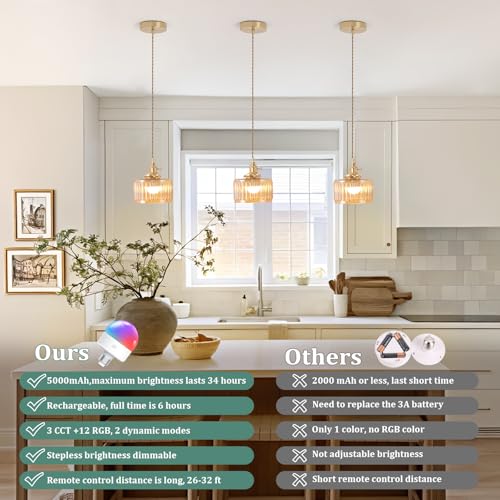 Battery Operated Pendant Light 5000mAh Rechargeable Chandelier with Remote Control Wireless Adjustable Hanging Amber Striped Light for Kitchen Island Dining Room Hallway (2 Count)