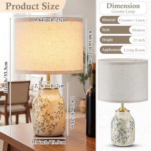2 Pcs 21" Vintage Green Ceramic Lamp with Beige Linen Shade (2 Count)