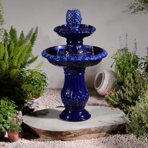 2 Tier Dark Blue Ceramic Pedestal Fountain
