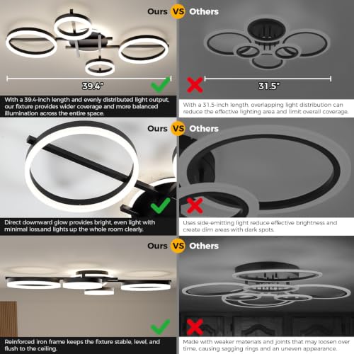 39.4" 5 Ring LED Dimmable Modern Ceiling Light Fixture (Black)