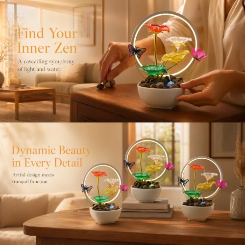 Tabletop Fountain Acrylic Lotus Indoor Fountain Water Feature for Zen Home Office Fengshui Decor Warm Light