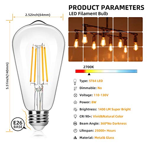 4 Pack Vintage 8W ST64 LED Edison Light Bulbs 100W Equivalent (4 Count)