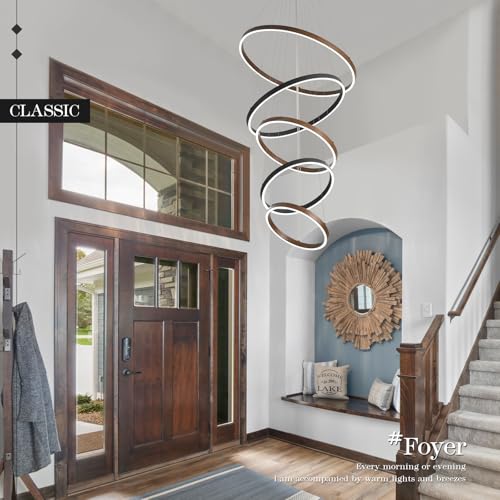 LED 5 Ring Chandelier High Ceiling Foyer Chandeliers Black Walnut Dimmable