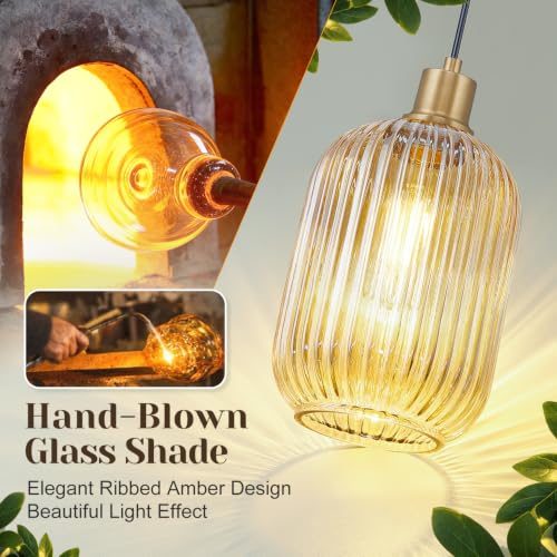 2 Pack Pendant Lights with Vintage Amber Ribbed Glass Lampshade (2 Count)