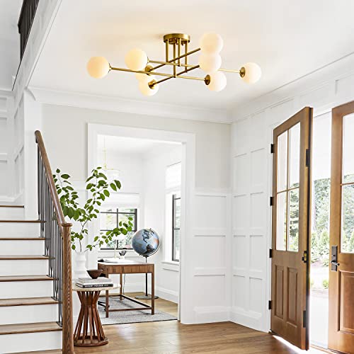 8 Light Globe Flush Mount Ceiling Light Milk Glass Ball Sputnik Chandelier Mid Century Brushed Gold Semi Flush Mount Ceiling Light Fixture Living Room Ceiling Lamp