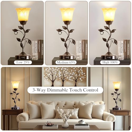 Set of 2 Touch Vintage Bedroom Leaf Table Lamps with 2 USB Ports (2 Count)
