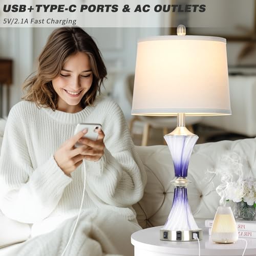 Purple Glass Table Lamp Set of 2 with USB C+A Ports & AC Outlet (2 Count)