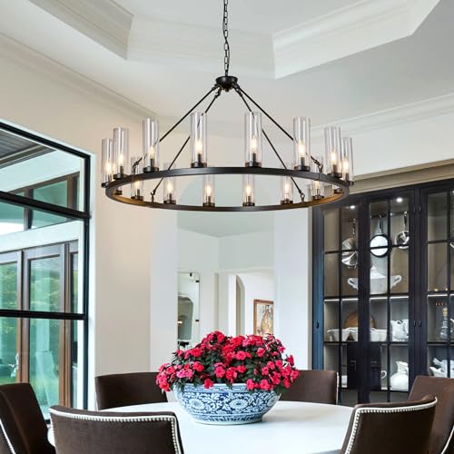 16 Light Large Wagon Wheel Chandelier with Clear Glass Shade Black Round Pendant Light Farmhouse Industrial Chandeliers Dining Room Light Fixture for Stair Living Room Foyer Kitchen